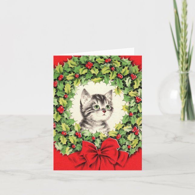 Vintage Kitten in Wreath Christmas Card (Front)