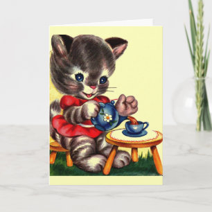 Vintage Kitten Tea Party Greeting Card