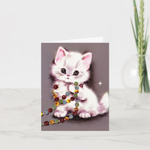 Vintage Kitten with Garland Greeting ChristmasCard Holiday Card