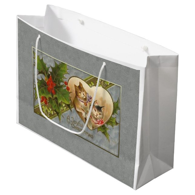Vintage Kittens and Holly Personalized Large Gift Bag (Front Angled)