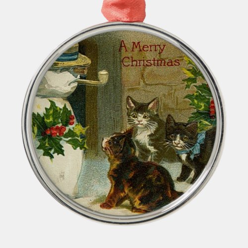 VIntage Kittens and Snowman Metal Ornament