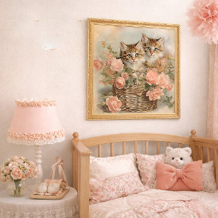 Vintage Kittens Basket Pink Floral Cottage Decor