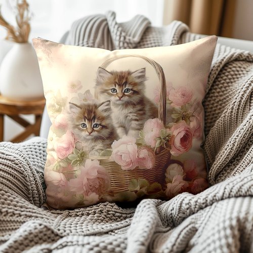Vintage Kittens Basket Pink Floral Painting Throw Pillow