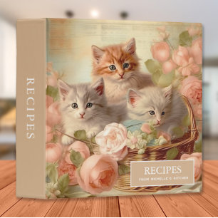 Vintage Kittens Basket Pink Roses Recipe Cookbook 3 Ring Binder