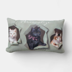 Vintage kittens breaking through gift wrap cute lumbar pillow