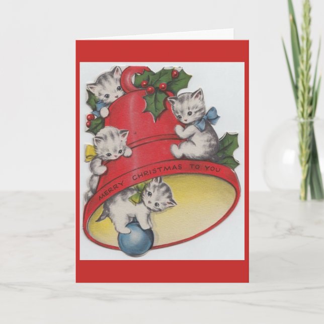 Vintage - Kittens & Christmas Bell, Holiday Card (Front)
