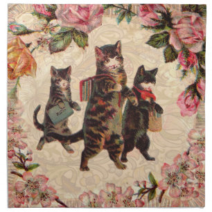 Vintage Kittens Going to School Print: Victorian Napkin