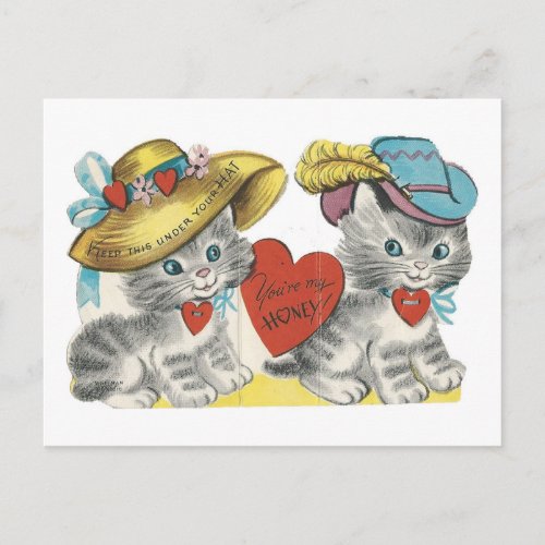 Vintage Kittens In Hats Valentine Copy Holiday Postcard