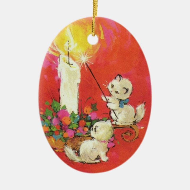 Vintage Kittens Lighting a candle  Ceramic Ornament (Front)