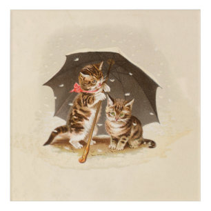 Vintage Kittens Under Umbrella Antique Cat art