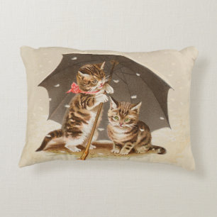 Vintage Kittens Under Umbrella Antique Cat art Accent Pillow