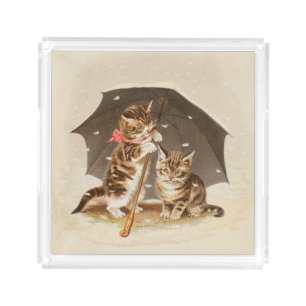 Vintage Kittens Under Umbrella Antique Cat art Acrylic Tray
