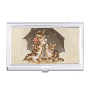 Vintage Kittens Under Umbrella Antique Cat art Business Card Case