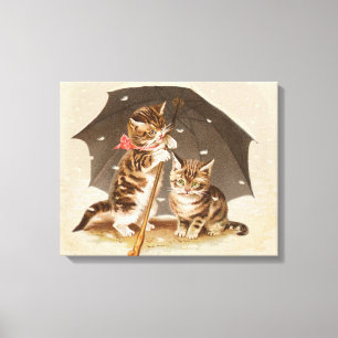 Vintage Kittens Under Umbrella Antique Cat art Canvas Print