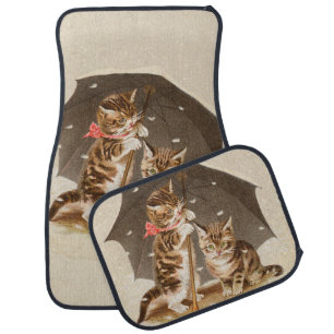 Vintage Kittens Under Umbrella Antique Cat art Car Floor Mat