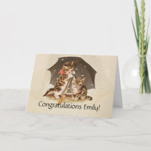 Vintage Kittens Under Umbrella Antique Cat art Card