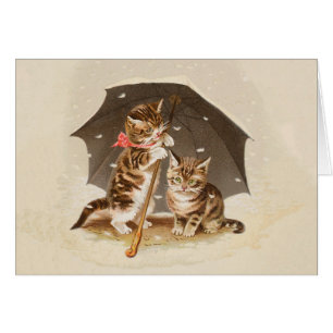 Vintage Kittens Under Umbrella Antique Cat art Cards