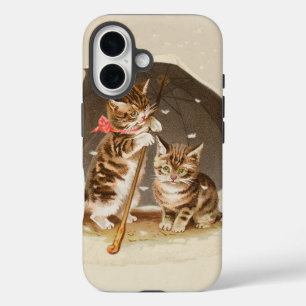 Vintage Kittens Under Umbrella Antique Cat art iPhone 16 Case
