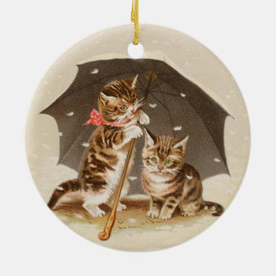 Vintage Kittens Under Umbrella Antique Cat art Ceramic Ornament