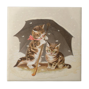 Vintage Kittens Under Umbrella Antique Cat art Ceramic Tile
