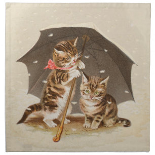 Vintage Kittens Under Umbrella Antique Cat art Cloth Napkin