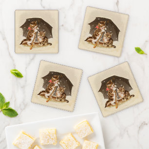 Vintage Kittens Under Umbrella Antique Cat art Coaster Set