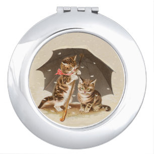 Vintage Kittens Under Umbrella Antique Cat art Compact Mirror