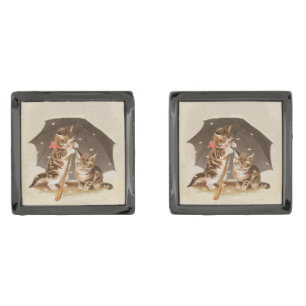 Vintage Kittens Under Umbrella Antique Cat art Cufflinks