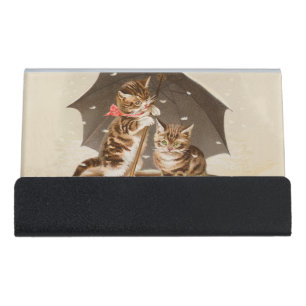 Vintage Kittens Under Umbrella Antique Cat art Desk Business Card Holder