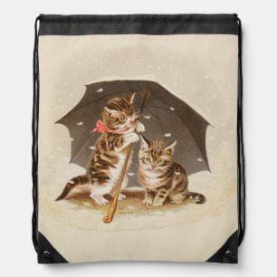 Vintage Kittens Under Umbrella Antique Cat art Drawstring Bag