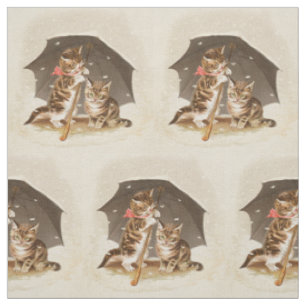 Vintage Kittens Under Umbrella Antique Cat art Fabric
