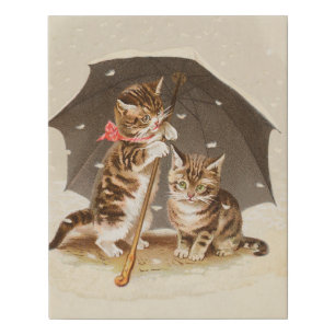 Vintage Kittens Under Umbrella Antique Cat art Faux Canvas Print
