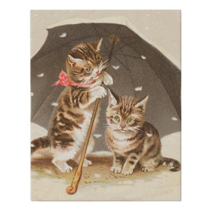 Vintage Kittens Under Umbrella Antique Cat art Faux Canvas Print