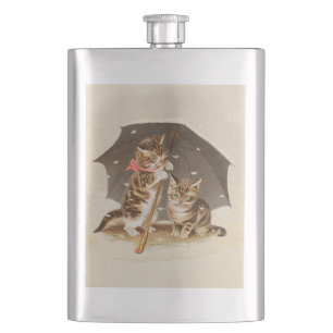 Vintage Kittens Under Umbrella Antique Cat art Flask
