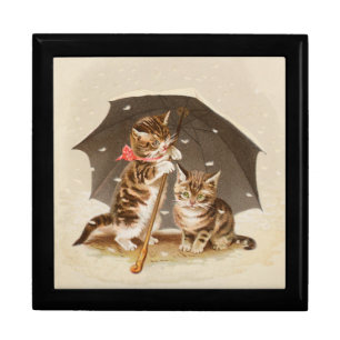 Vintage Kittens Under Umbrella Antique Cat art Gift Box