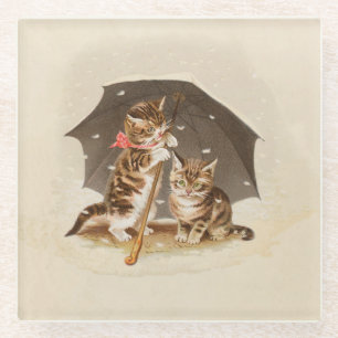 Vintage Kittens Under Umbrella Antique Cat art Glass Coaster