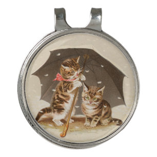 Vintage Kittens Under Umbrella Antique Cat art Golf Hat Clip