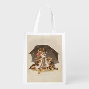 Vintage Kittens Under Umbrella Antique Cat art Grocery Bag