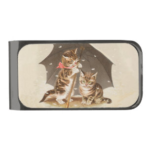 Vintage Kittens Under Umbrella Antique Cat art Gunmetal Finish Money Clip