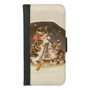 Vintage Kittens Under Umbrella Antique Cat art iPhone 8/7 Wallet Case