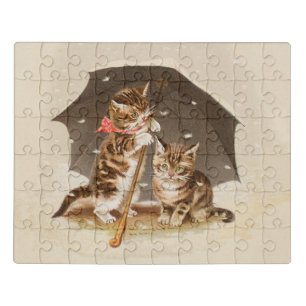 Vintage Kittens Under Umbrella Antique Cat art Jigsaw Puzzle