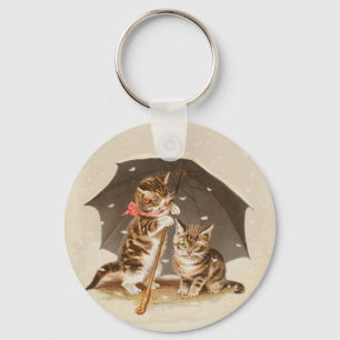 Vintage Kittens Under Umbrella Antique Cat art Keychain