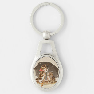Vintage Kittens Under Umbrella Antique Cat art Keychain