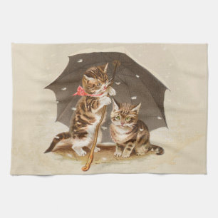 Vintage Kittens Under Umbrella Antique Cat art Kitchen Towel