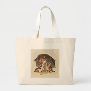 Vintage Kittens Under Umbrella Antique Cat art Large Tote Bag