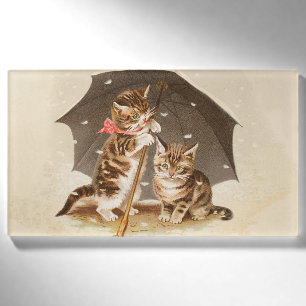 Vintage Kittens Under Umbrella Antique Cat art Name Tag