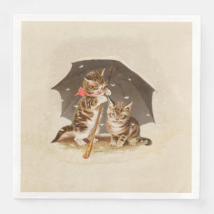Vintage Kittens Under Umbrella Antique Cat art Paper Dinner Napkins