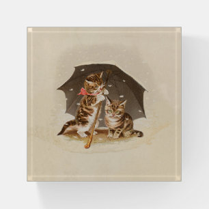 Vintage Kittens Under Umbrella Antique Cat art Paperweight