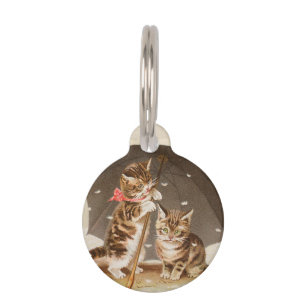 Vintage Kittens Under Umbrella Antique Cat art Pet ID Tag