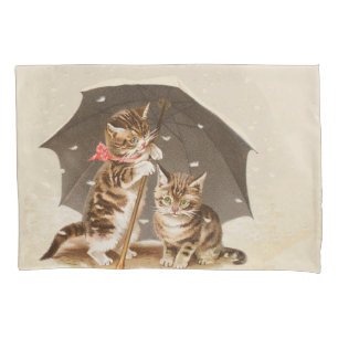 Vintage Kittens Under Umbrella Antique Cat art Pillow Case